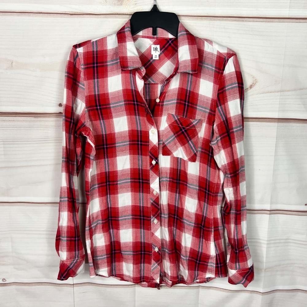 Gap Top Womens XS Red Drapey Shirt Plaid Button Up Long Sleeve Pocket Collared